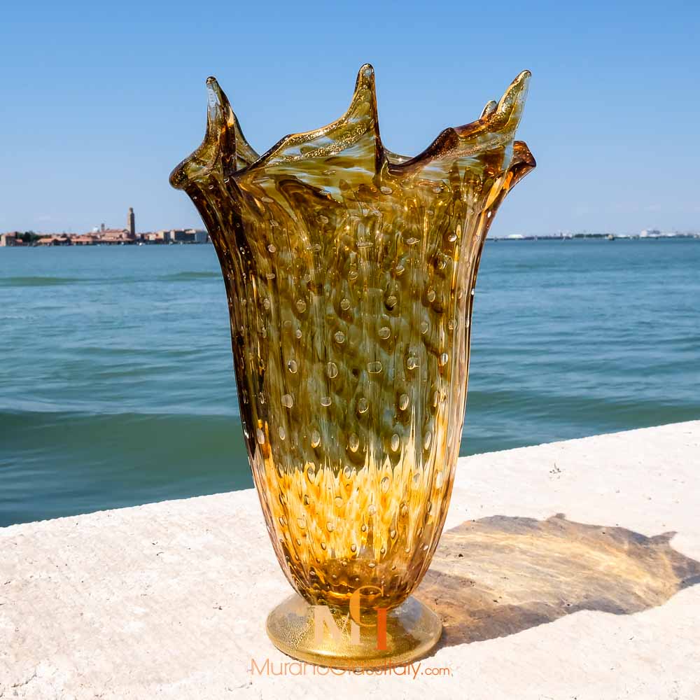 Luxury Hand Blown Glass Vase - Etched & Painted Gold Leaves - Unique S