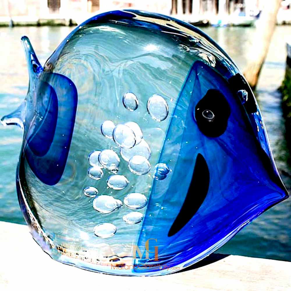 Italian Blue And Clear Crystal Glass Fish Sculpture