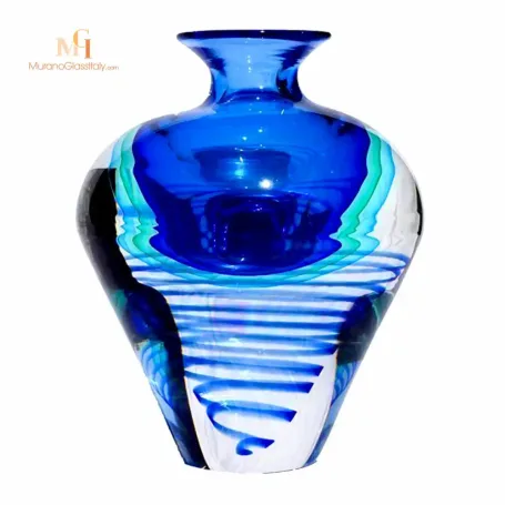 Vase En Verre De Murano Bleu - Style Fleur - Fait Main Italien
