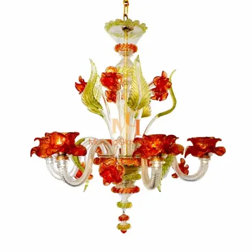 Vintage Murano chandelier with hand-blown clear glass arms, red-orange floral accents, and green leaves, crafted in Venice, Italy.