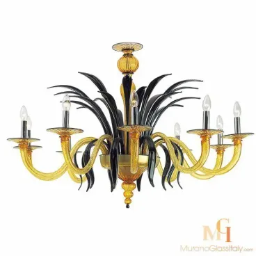 Modern Murano crystal chandelier with upward-curving beige arms and a striking crown of black glass leaves.