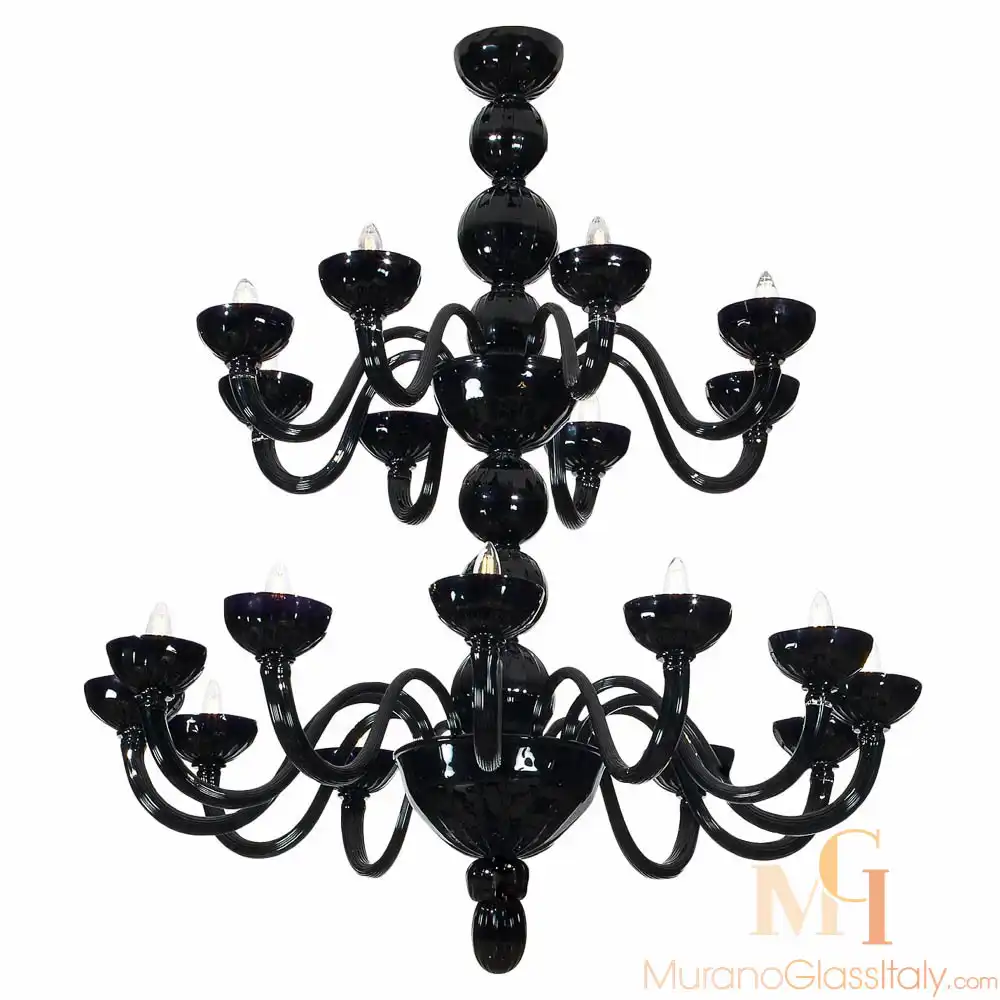 8079_12+8_black Elegant black Murano glass chandelier in classic Venetian design, featuring two tiers of gracefully curved arms with glass light cups, handcrafted in Italy.