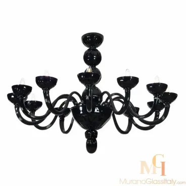 Black Murano glass chandelier with a single tier of curved arms and smooth, glossy finish.