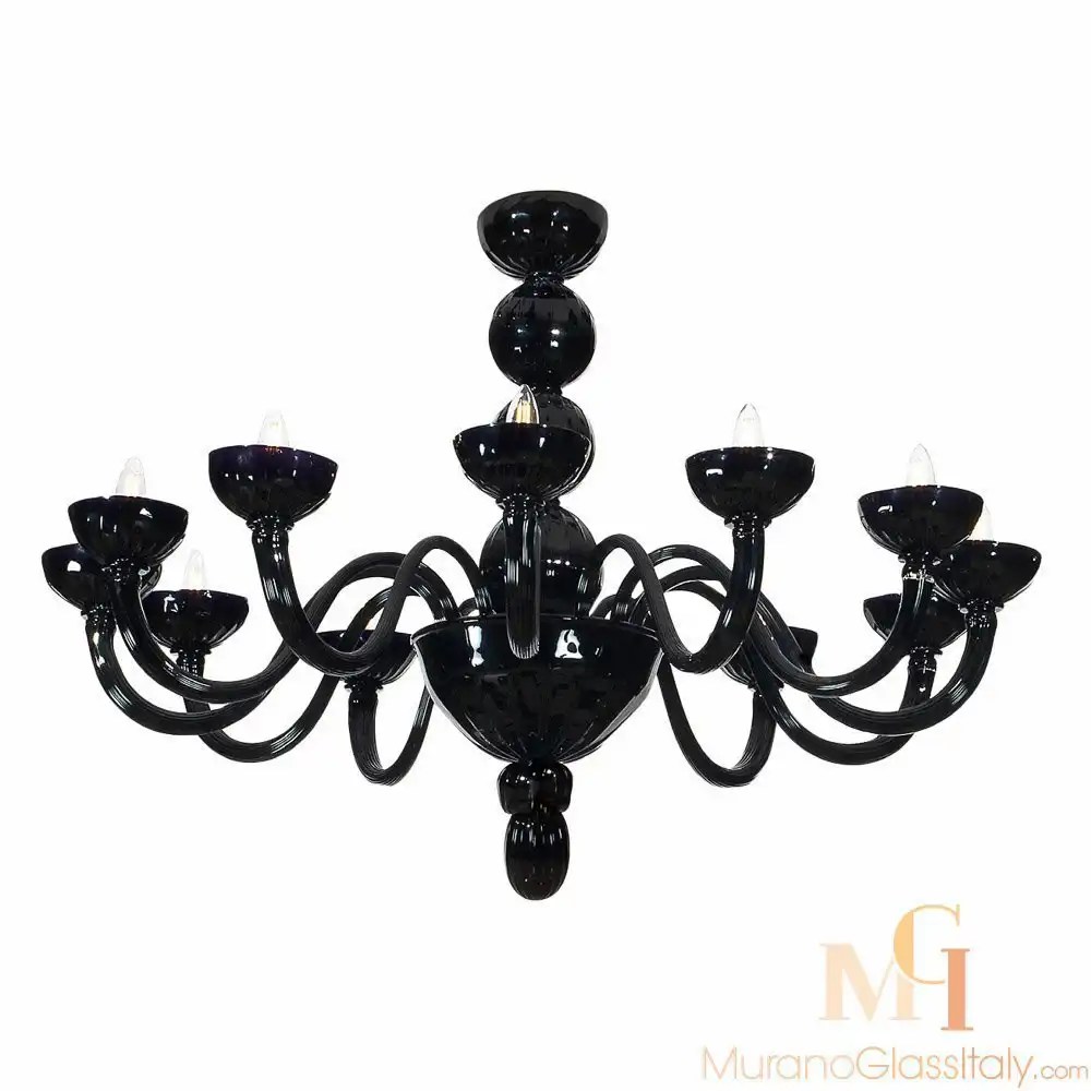 8079_12_black Black Murano glass chandelier with a single tier of curved arms and smooth, glossy finish.