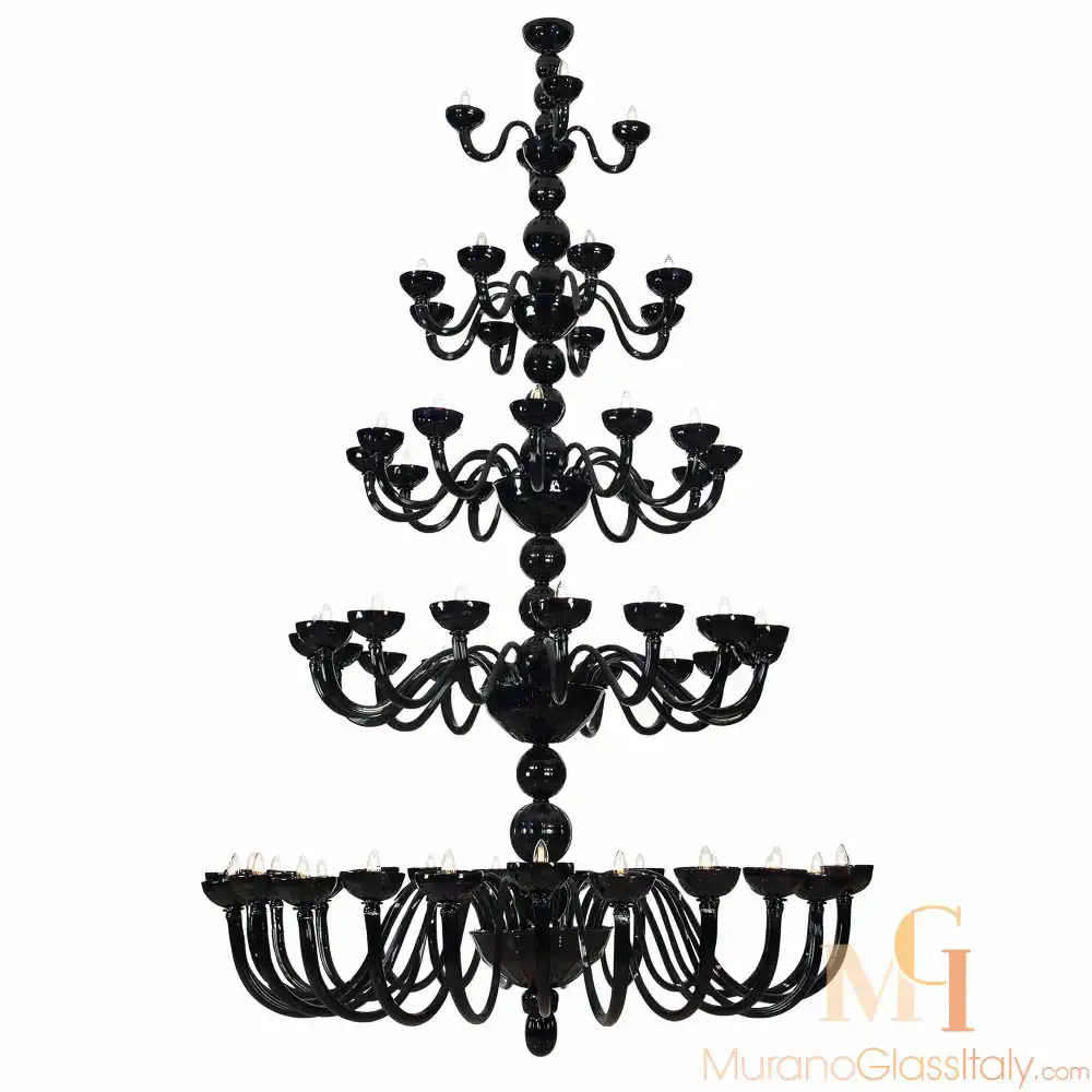 8079_24+16+12+8+4_black Striking black Murano glass chandelier in a grand Venetian style, featuring five tiers of curved arms with lights, hand-blown in Italy for a dramatic and elegant statement piece.