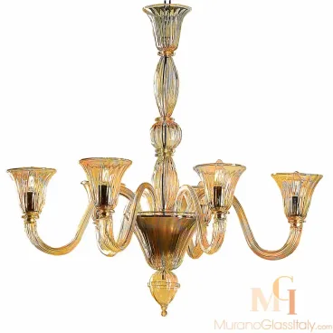 Modern White Murano Chandelier in a translucent beige glass finish, featuring curved ribbed arms and flared tulip-shaped holders in a classic Venetian style.