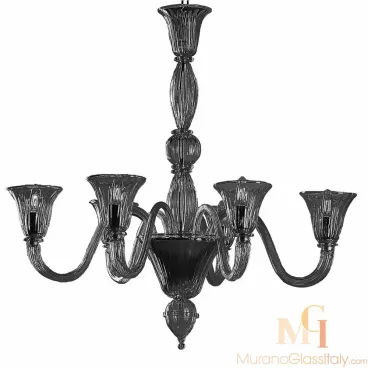 Modern White Murano chandelier with an almost black, smoky glass finish, featuring curved ribbed arms and flared tulip-shaped holders.