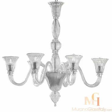 Modern White Murano Chandelier crafted from clear glass with ribbed curved arms and flared tulip-shaped holders in a refined Venetian style.