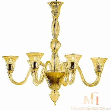 White modern Murano chandelier in a warm golden-yellow glass, featuring curved arms and ribbed tulip-shaped holders in a traditional Venetian style.