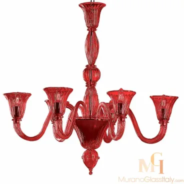 Modern White Murano Chandelier in deep red glass with ribbed curved arms and flared tulip-shaped holders, crafted in a classic Venetian style.