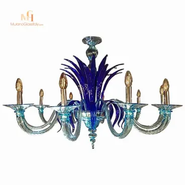 Modern Murano crystal chandelier with light blue curved arms and a vivid crown of cobalt blue glass leaves.