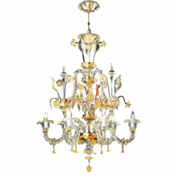 Venetian glass chandelier with clear and amber glass, ornate scroll arms, floral accents, and candle-style bulbs in a multi-tiered design.