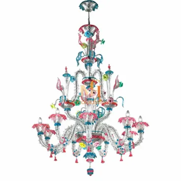 Colorful Venetian glass chandelier with pink, blue, and green floral accents, ornate arms, and intricate glasswork throughout.