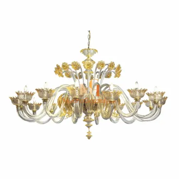 Venetian crystal chandelier with clear twisted glass arms, gold-accented floral bobeches, and layered glass flowers crowning a sculpted central stem.