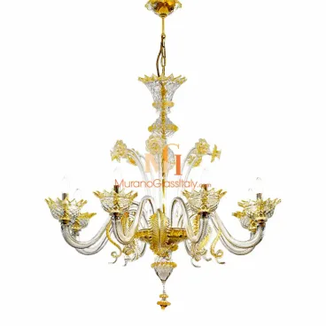 Venetian crystal chandelier with gold-accented twisted glass arms, leaf-shaped central detail, and delicate glass flowers adorning the upper stem.