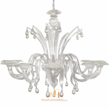 Modern elegant clear Murano glass chandelier with curved upward arms, teardrop glass accents, and a central glass structure styled like blooming petals.