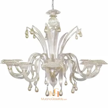 Modern elegant Murano glass chandelier with gold infusion, curved upward arms, teardrop glass accents, and a central glass structure styled like blooming petals.