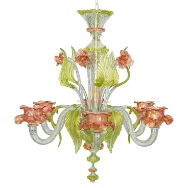 Vintage Murano chandelier with pink hand-blown glass flowers, green leaves, and clear twisted arms, handcrafted in Venice, Italy.