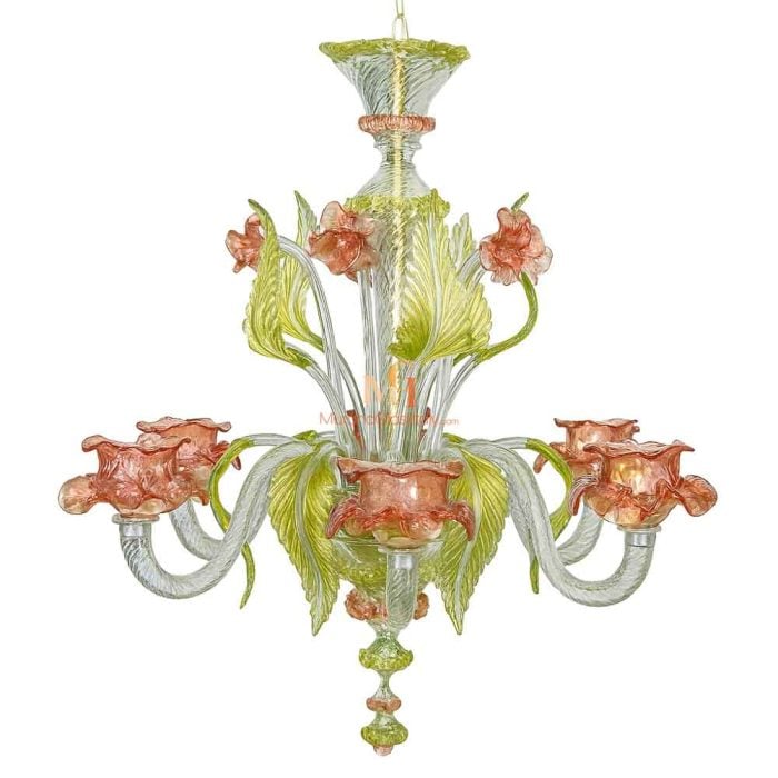 Vintage Murano chandelier with pink hand-blown glass flowers, green leaves, and clear twisted arms, handcrafted in Venice, Italy.