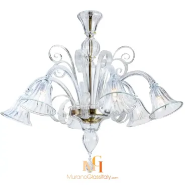 Modern blown glass Murano chandelier with clear fluted shades, curved arms, and ornate central detailing.