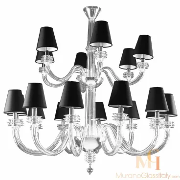 Clear modern Murano glass chandelier with upward curved arms, black fabric lampshades, and clear glass accents at the base of each light.