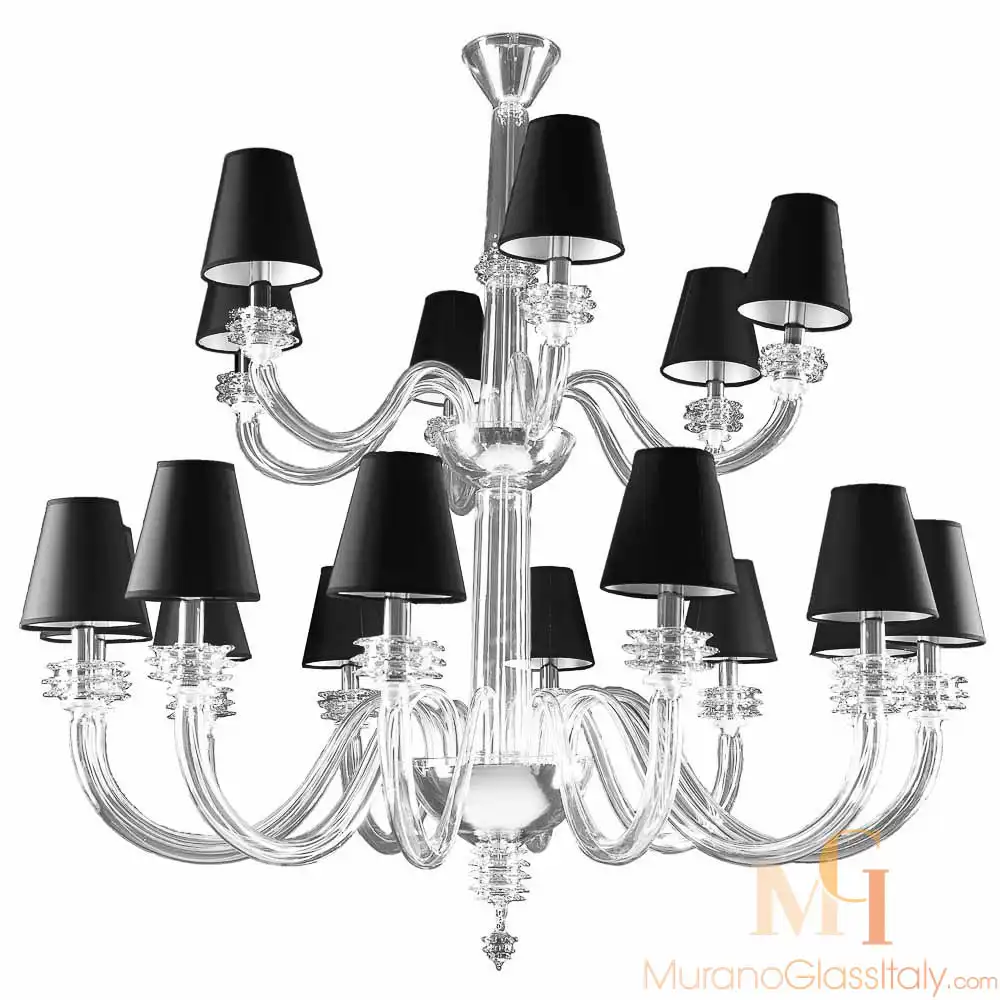 Led Kronleuchter Amber & Schwarz Konstruktionszeichnung Clear modern Murano glass chandelier with upward curved arms, black fabric lampshades, and clear glass accents at the base of each light.