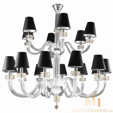 Clear modern Murano glass chandelier with upward curved arms, black fabric lampshades, and topaz-colored accents at each light base.