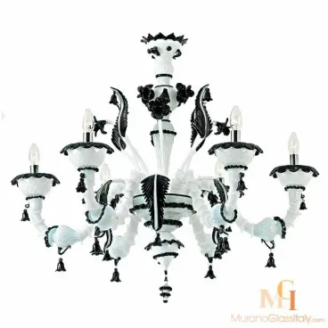 Murano lighting piece featuring a large hand-blown glass chandelier with white curved arms, black leaf accents, and floral detailing.