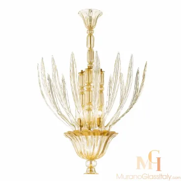 Murano blown glass chandelier with golden accents, leaf-shaped glass decorations, and an elegant sculptural design.