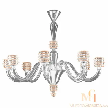 Murano Venetian style chandelier with clear upward-curved glass arms, amber-accented light holders, and a sculpted central glass stem.