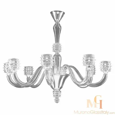 Murano Venetian style chandelier with clear upward-curved glass arms, ribbed glass light holders, and a tall, sculpted central glass stem.