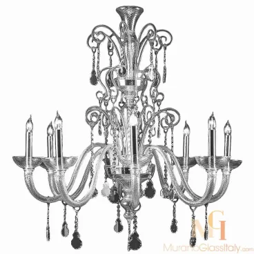 Modern Murano glass chandelier lighting fixture with curved arms and hanging teardrop glass ornaments.