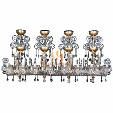 Large Venetian chandelier handcrafted from Murano glass, featuring a rectangular base with multiple tiers of curved glass arms, golden accents, and hanging black crystal drops.