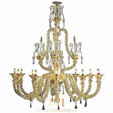 Modern Murano glass chandelier in soft light-gold tones with multiple curved arms, intricate detailing, and elegant crystal accents.
