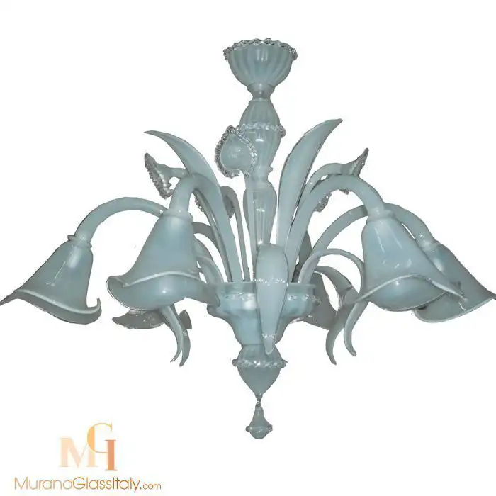 Verre Vénitien Seta – Vue d’Ensemble Artistic white glass chandelier with gracefully curved downward arms and tulip-shaped shades, showcasing smooth sculptural elements in a glossy, opaque finish.