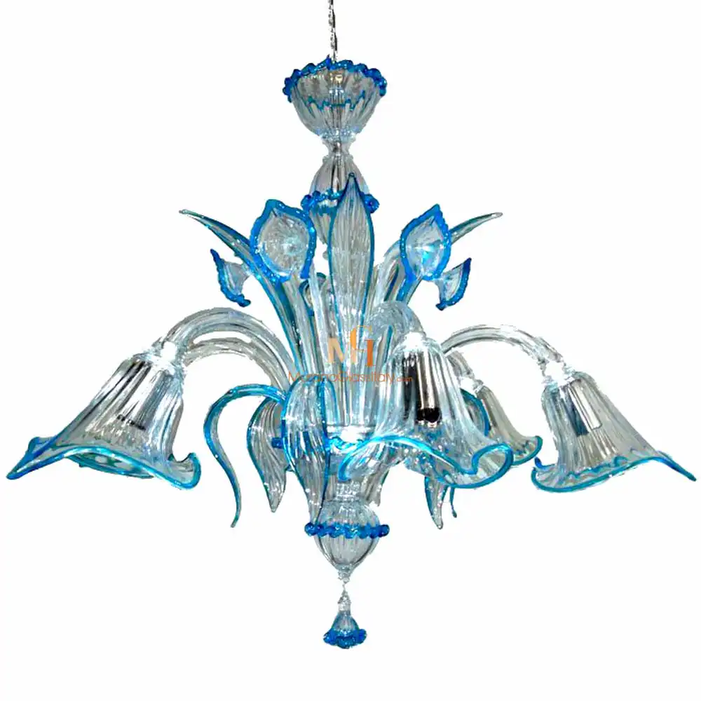 light blue glass chandelier Light blue glass chandelier with hand-blown Murano glass, featuring floral arms, tulip-shaped shades, and elegant decorative accents.