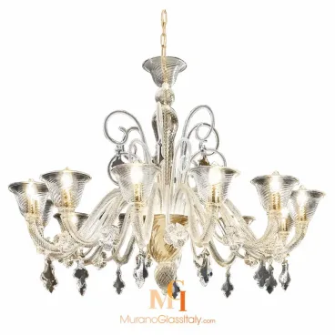 Venetian style chandelier made of Murano glass, featuring curved arms, flared patterned glass cups, gold-infused details, swirling accents, and hanging crystal pendants.