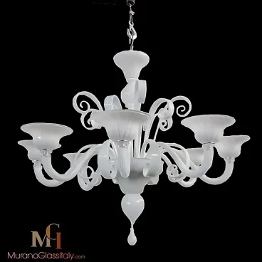 Modern Murano glass light with white curved arms, flared shades, and decorative scroll details in a chandelier design.