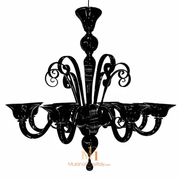 Murano glass black crystal chandelier with curving arms and intricate scroll details, combining classic craftsmanship with dramatic elegance.