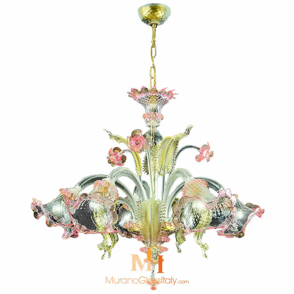 Verde - Green Murano Glass Chandelier Green Murano glass chandelier with pink floral accents, gold-toned leaves, and hand-blown glass arms in a detailed floral design.