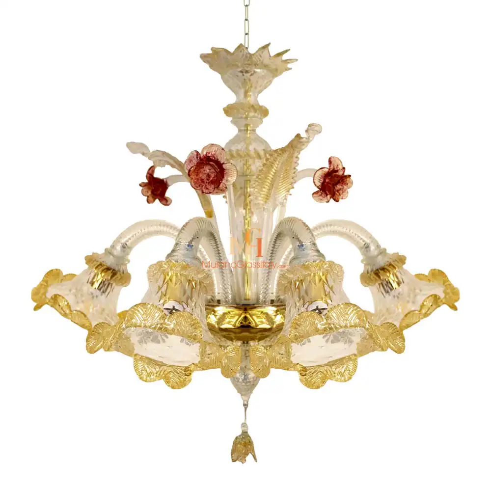Meraviglia Multicolor – Murano Glass Chandelier Murano glass chandelier with gold-trimmed floral arms, clear hand-blown glass, and red flower accents in an elegant Italian design.