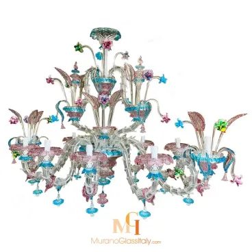 Vintage Murano glass chandelier featuring pink, blue, and green floral accents, with tall flower-shaped arms and textured glass detailing.