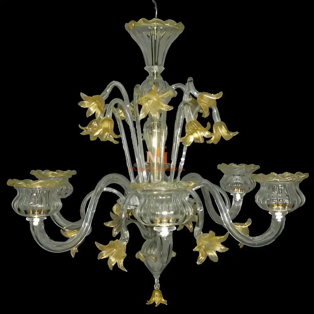 Fiore - Murano Flower Chandelier Murano flower chandelier crafted from clear glass, infused with gold, featuring gently curved arms and detailed floral decorations throughout the structure.