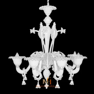 Milk glass Murano chandelier with curved arms, detailed with clear glass floral and leaf embellishments, and finished with delicate hanging glass elements.