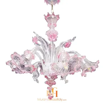 Murano glass chandelier with clear and pink glass, featuring floral accents, downward-curved arms, and intricate Venetian craftsmanship.