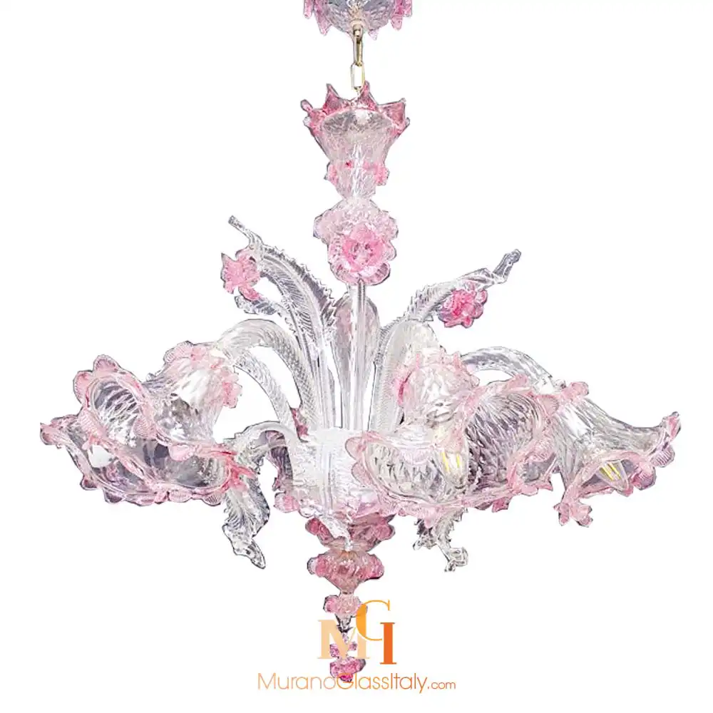 verde-2 Murano glass chandelier with clear and pink glass, featuring floral accents, downward-curved arms, and intricate Venetian craftsmanship.