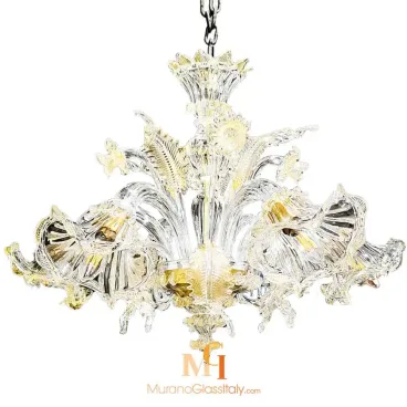 Murano glass chandelier with clear and gold hand-blown glass, featuring fluted floral arms, ornate leaves, and intricate Venetian detailing.