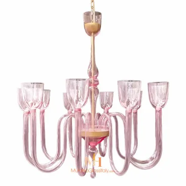Pink Murano glass modern chandelier with upward-curved arms and tulip-shaped holders, featuring a sleek, fully transparent design.