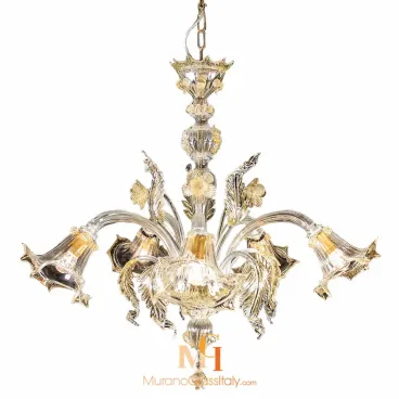 Glass flower chandelier infused with gold, featuring curved Murano glass arms, detailed floral elements, and petal-shaped light shades.