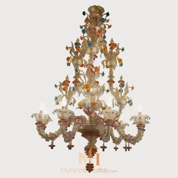 Hand blown glass chandelier with floral detailing in blue, yellow and red wi